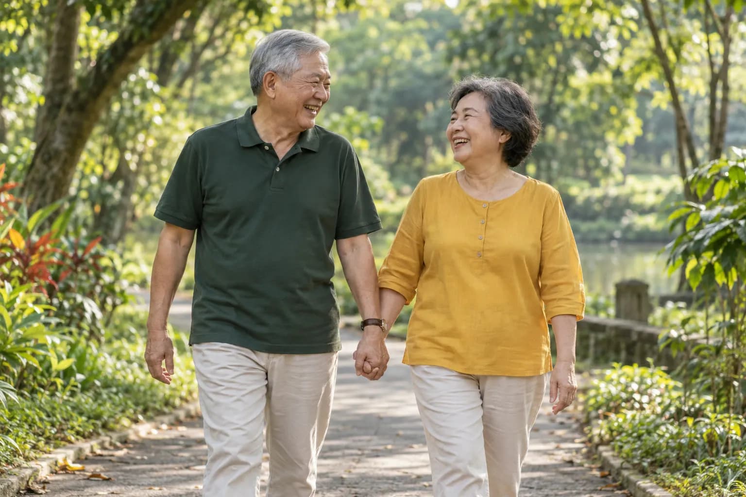 在公园里牵手散步、开怀大笑的长辈夫妻