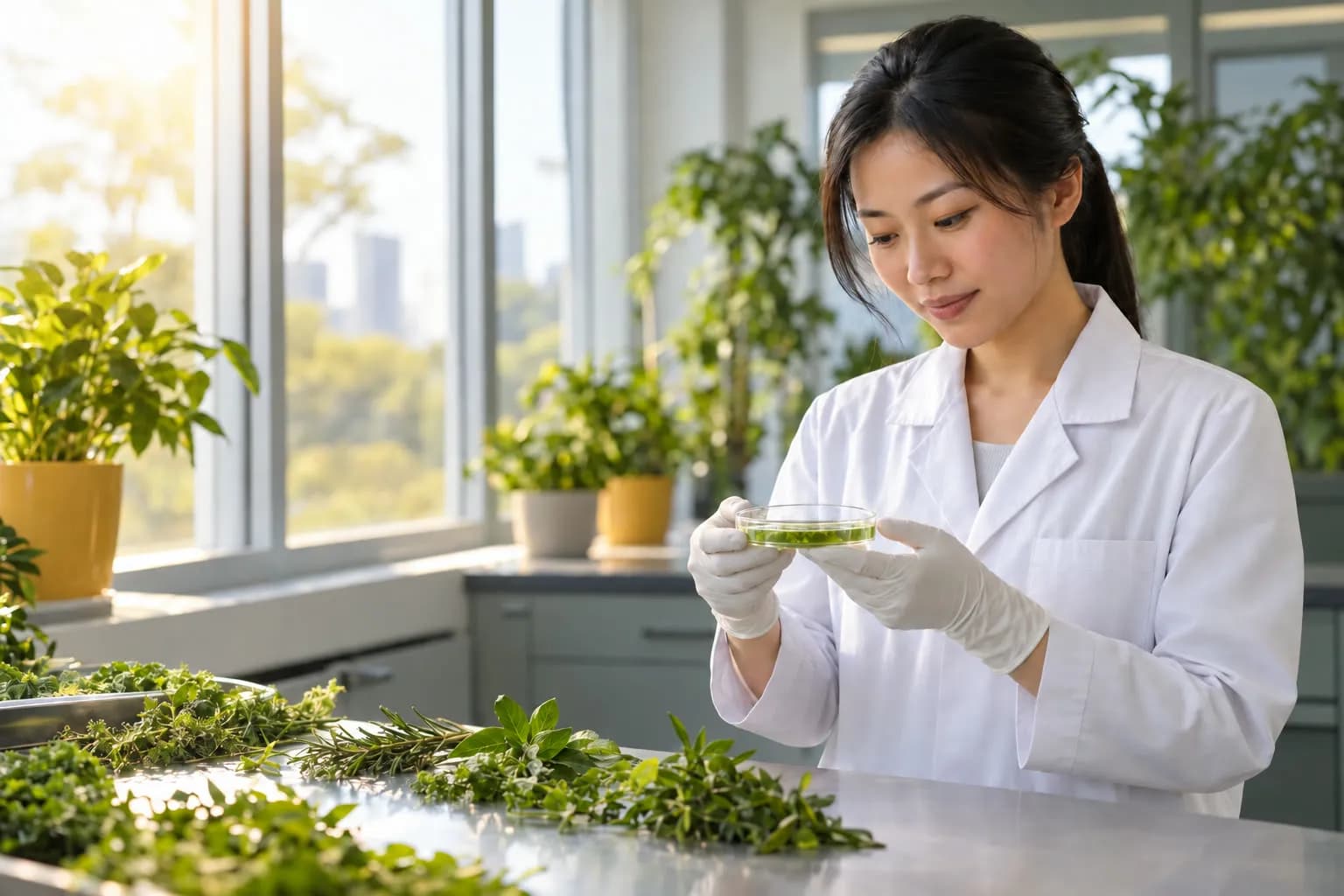 研究员在明亮的实验室里检视植物萃取