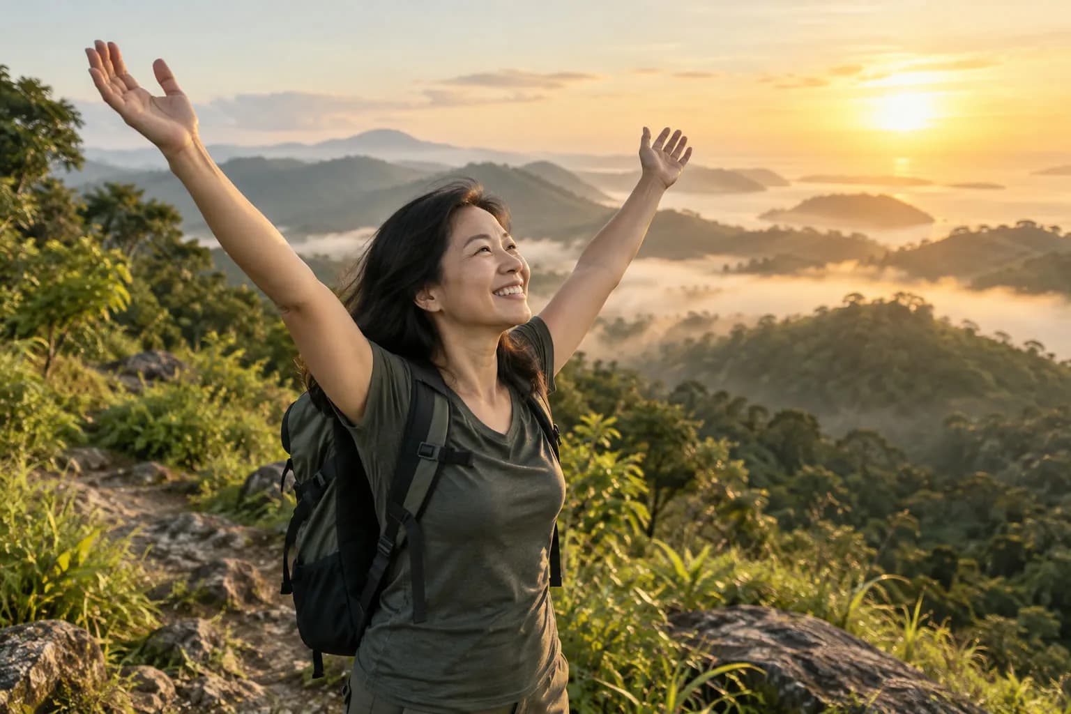日出时站在翠绿山顶步道上的女士